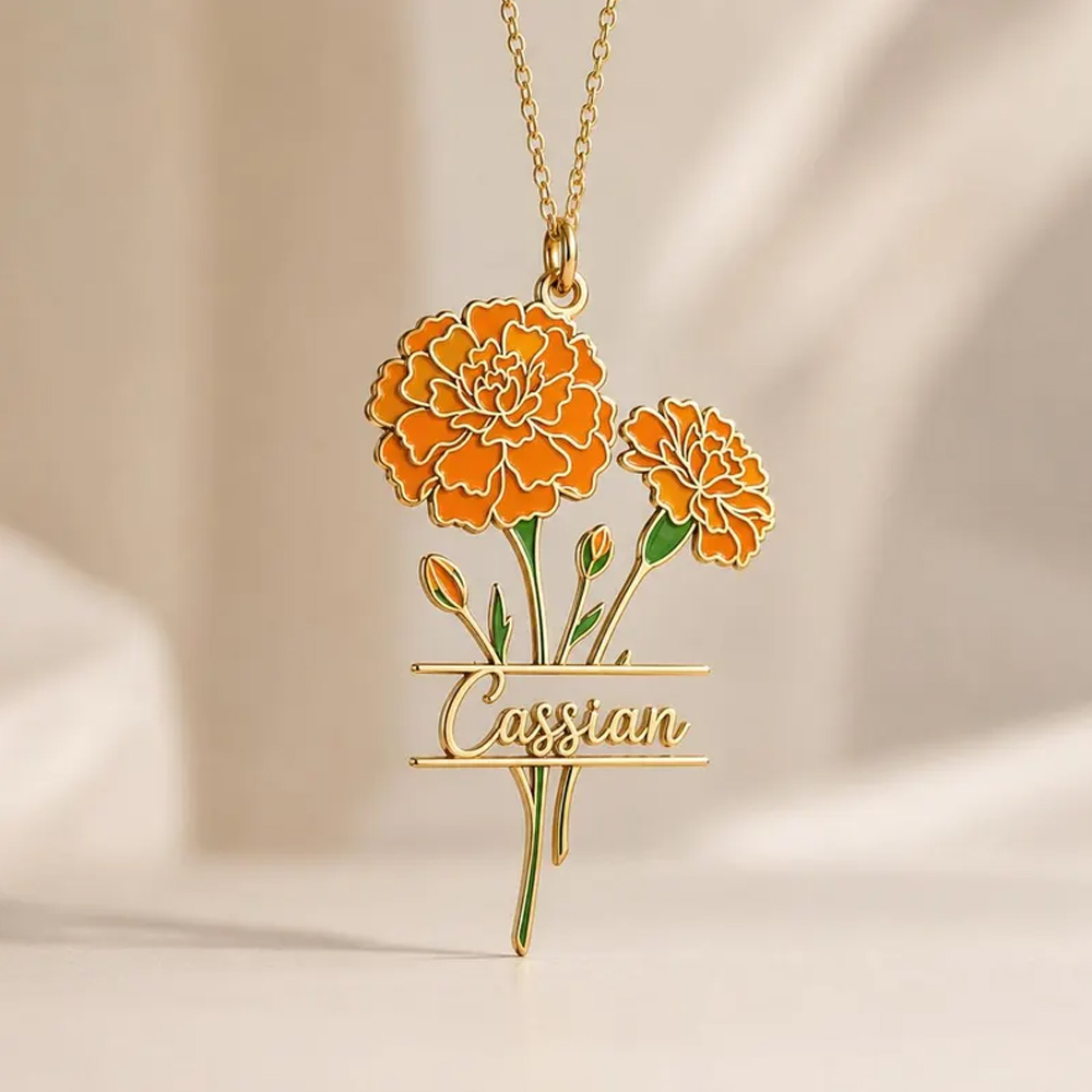 Birth Flower Necklace - 맞춤 이름과 탄생월 꽃이 새겨진 목걸이,